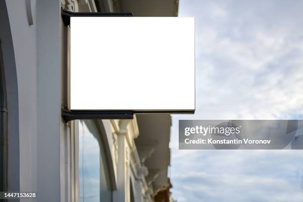 blank white store signboard mockup. lightbox on the facade. blurred background - modern restaurant exterior stock pictures, royalty-free photos & images