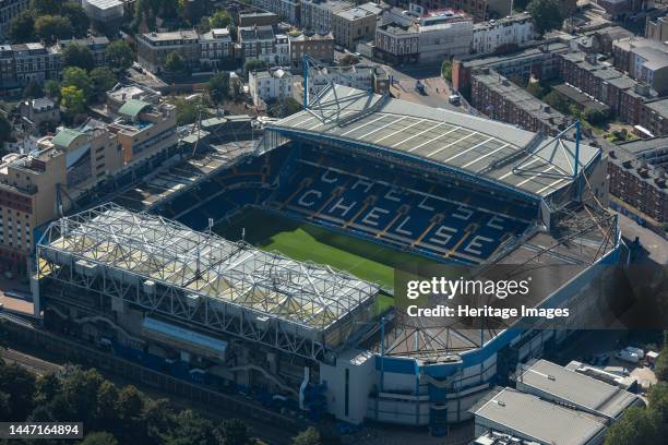 Stamford Bridge Stadium, home to Chelsea Football Club, Chelsea, Greater London Authority, 2021. Creator: Damian Grady.