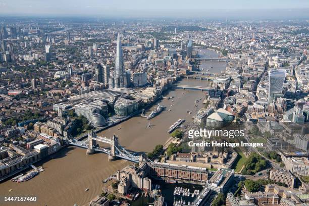Looking west along the River Thames from Tower Bridge to The Shard and beyond, Southwark, Greater London Authority, 2021. Creator: Damian Grady.