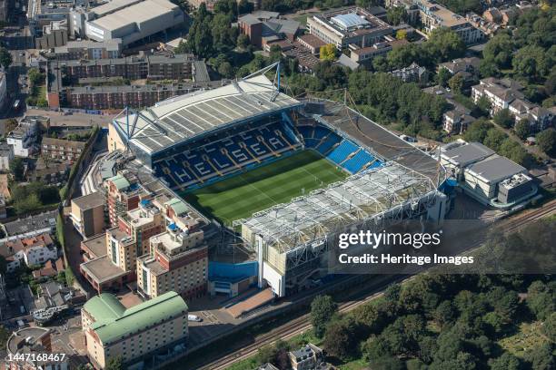 Stamford Bridge Stadium, home to Chelsea Football Club, Chelsea, Greater London Authority, 2021. Creator: Damian Grady.