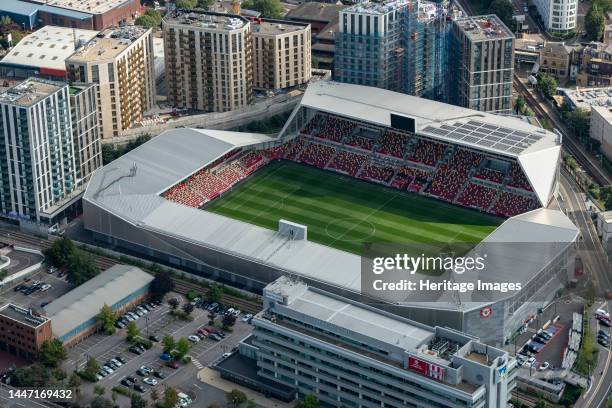 Brentford Community Stadium, home of Brentford Football Club and London Irish Rugby Football Club, Greater London Authority, 2021. Creator: Damian...