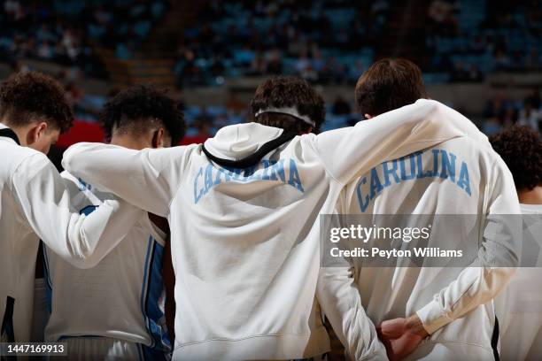 North Carolina Tar Heels huddle during a game against the Gardner Webb Runnin Bulldogs on November 15, 2022 at the Dean Smith Center in Chapel Hill,...