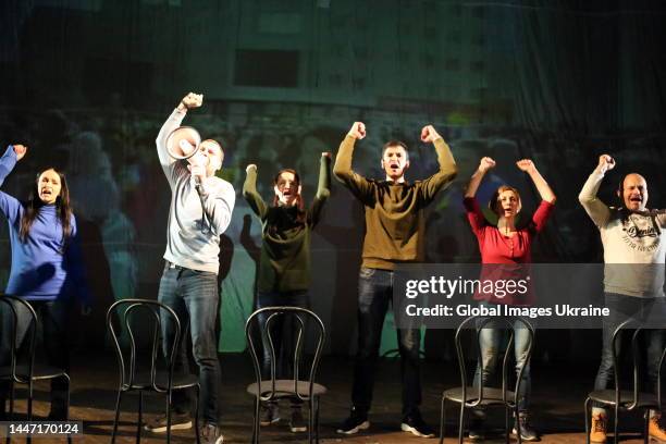 Actors play performance on a theater stage on December 2, 2022 in Odesa, Ukraine. The premiere of a documentary performance "It is possible to...
