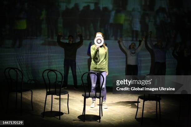 Actors play performance on a theater stage on December 2, 2022 in Odesa, Ukraine. The premiere of a documentary performance "It is possible to...