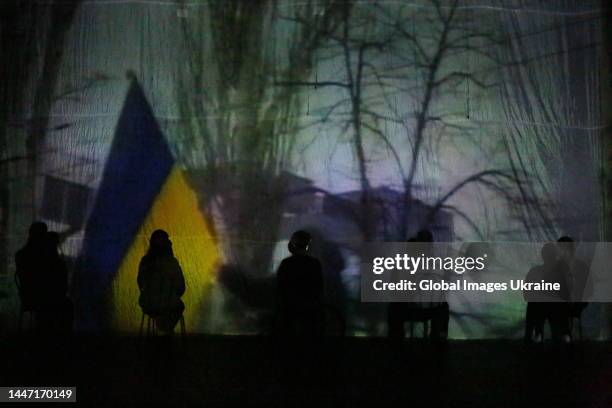 Actors play performance on a theater stage on December 2, 2022 in Odesa, Ukraine. The premiere of a documentary performance "It is possible to...