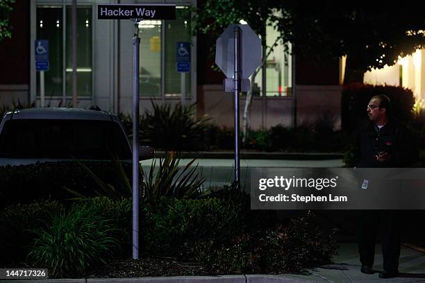 Security guard stands on Hacker Way outside Facebook headquarters May 18, 2012 in Menlo Park, California. The eight-year-old social network company...