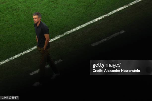 Luis Enrique, Head Coach of Spain, looks on during the FIFA World Cup Qatar 2022 Round of 16 match between Morocco and Spain at Education City...