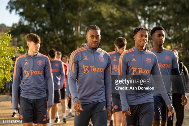 Anthony Elanga, Noam Emeran of Manchester United in action during a first team training session on December 06, 2022 in Jerez de la Frontera, Spain.