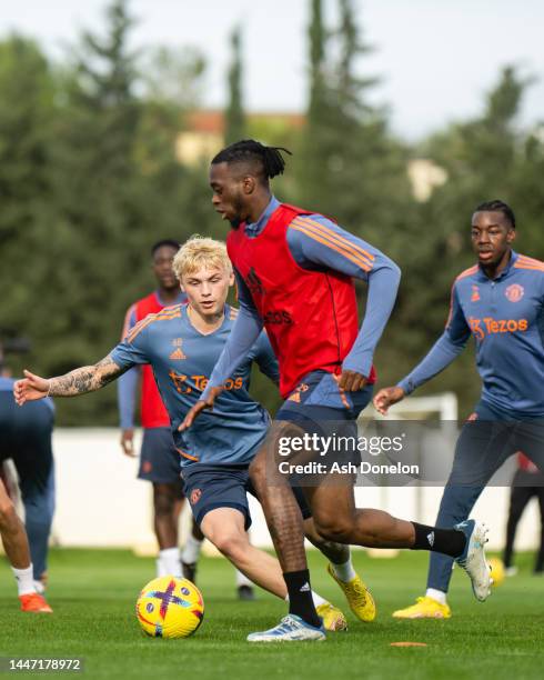 Aaron Wan-Bissaka of Manchester United in action during a first team training session on December 06, 2022 in Jerez de la Frontera, Spain.