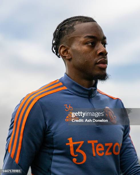 Anthony Elanga of Manchester United in action during a first team training session on December 06, 2022 in Jerez de la Frontera, Spain.