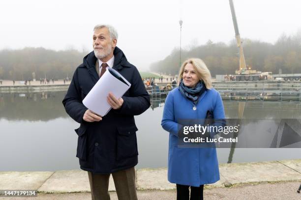 Architect Jacques Moulin and Catherine Pegard attend the Craning of the Sculpture Apollon on his Chariot for the Launching of the Restauration of the...