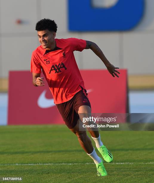 Luis Diaz of Liverpool during a training session on December 06, 2022 in Dubai, United Arab Emirates.