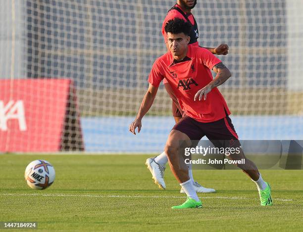 Luis Diaz of Liverpool during a training session on December 06, 2022 in Dubai, United Arab Emirates.