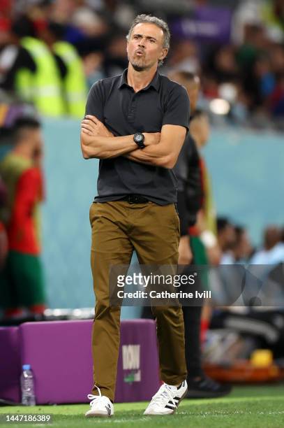 Luis Enrique, Head Coach of Spain, reacts during the FIFA World Cup Qatar 2022 Round of 16 match between Morocco and Spain at Education City Stadium...
