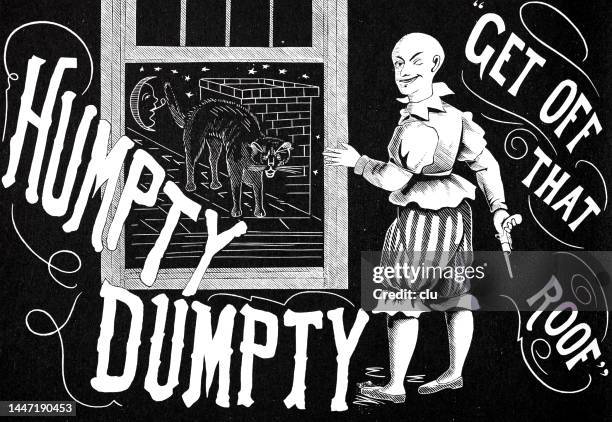 a humpty dumpty man as a clown chases a black cat off a roof - humpty dumpty stock illustrations