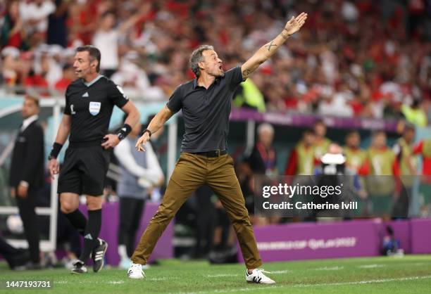 Luis Enrique, Head Coach of Spain, reacts during the FIFA World Cup Qatar 2022 Round of 16 match between Morocco and Spain at Education City Stadium...