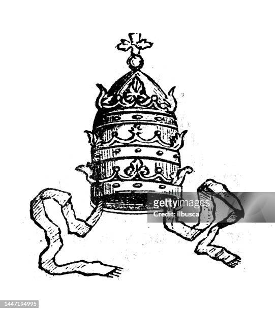 antike stichillustration: päpstliche tiara - papal tiara stock-grafiken, -clipart, -cartoons und -symbole
