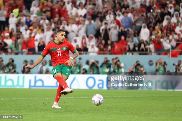 Abdelhamid Sabiri of Morocco scores the team's first penalty in the penalty shoot out during the FIFA World Cup Qatar 2022 Round of 16 match between...