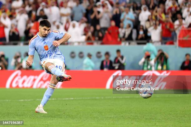 Carlos Soler of Spain misses the team's second penalty in the penalty shoot out during the FIFA World Cup Qatar 2022 Round of 16 match between...