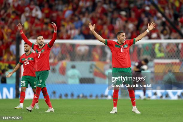 Abdelhamid Sabiri of Morocco celebrates in the penalty shoot out during the FIFA World Cup Qatar 2022 Round of 16 match between Morocco and Spain at...