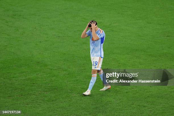 Carlos Soler of Spain reacts after missing their sides second penalty in the penalty shoot out during the FIFA World Cup Qatar 2022 Round of 16 match...