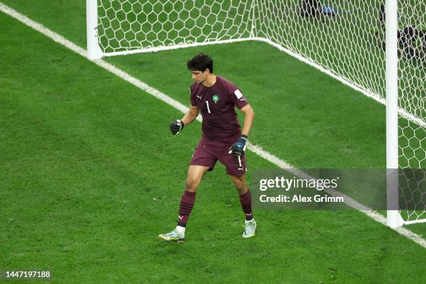 Yassine Bounou of Morocco reacts in the penalty shoot out during the FIFA World Cup Qatar 2022 Round of 16 match between Morocco and Spain at...