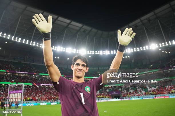 Yassine Bounou of Morocco celebrates victory following the FIFA World Cup Qatar 2022 Round of 16 match between Morocco and Spain at Education City...