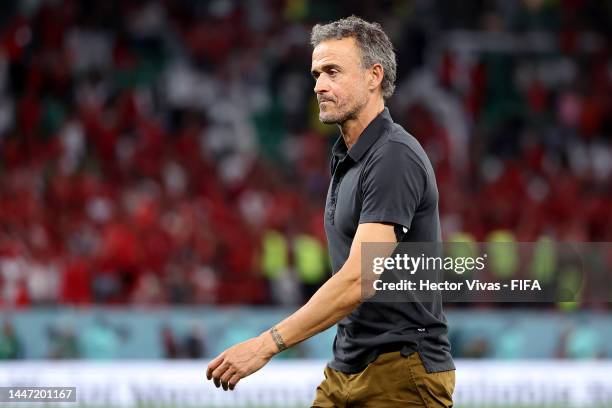 Luis Enrique, Head Coach of Spain, reacts after their defeat through the penalty shootout during the FIFA World Cup Qatar 2022 Round of 16 match...