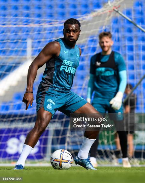 Allan Saint-Maximin controls the ball during the Newcastle United Training Session at the Al Hilal FC Training Centre on December 06, 2022 in Riyadh,...