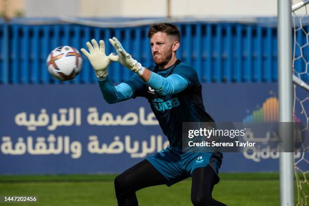 Goalkeeper Mark Gillespie controls the ball during the Newcastle United Training Session at the Al Hilal FC Training Centre on December 06, 2022 in...