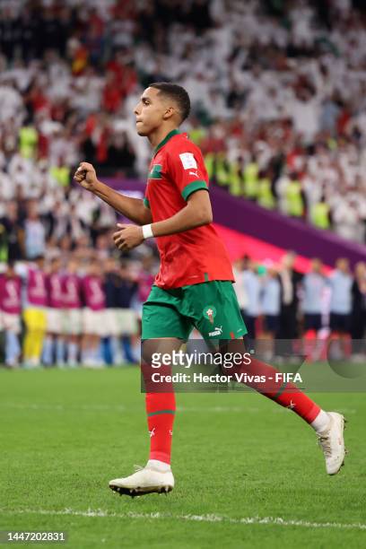 Abdelhamid Sabiri of Morocco celebrates scoring the team's first penalty in the penalty shoot out during the FIFA World Cup Qatar 2022 Round of 16...