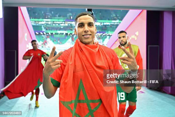 Abdelhamid Sabiri of Morocco celebrates the team's victory through the penalty shootout in the FIFA World Cup Qatar 2022 Round of 16 match between...