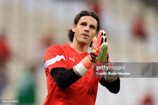Yann Sommer of Switzerland warms up prior to the FIFA World Cup Qatar 2022 Round of 16 match between Portugal and Switzerland at Lusail Stadium on...