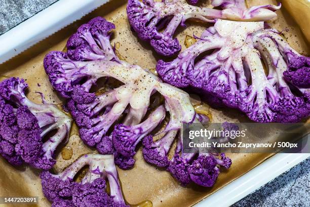 purple cauliflower in a white baking dish in the oven,stara zagora,bulgaria - vegetarian loaves stock pictures, royalty-free photos & images