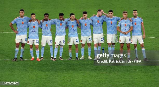 L-r Rodri , Pablo Sarabia, Ansu Fati, Jose Gaya, Pedri, Carlos Soler, Aymeric Laporte, Alvaro Morata, Marcos Llorente and Sergio Busquets of Spain...