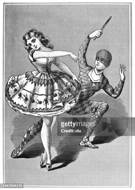 harlequin  conducts a female dancer - harlequins stock illustrations