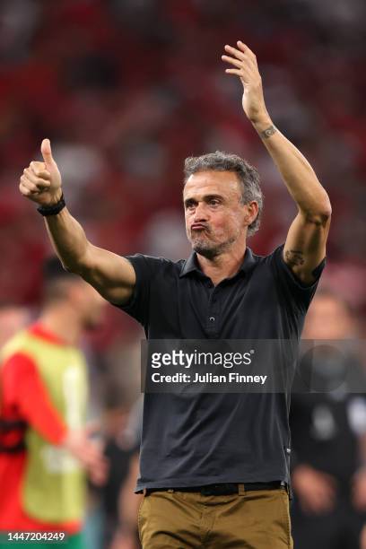 Luis Enrique, Head Coach of Spain, applauds fans after the penalty shootout loss during the FIFA World Cup Qatar 2022 Round of 16 match between...