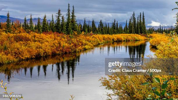 scenic view of lake against sky during autumn,alaska,united states,usa - farben stock pictures, royalty-free photos & images