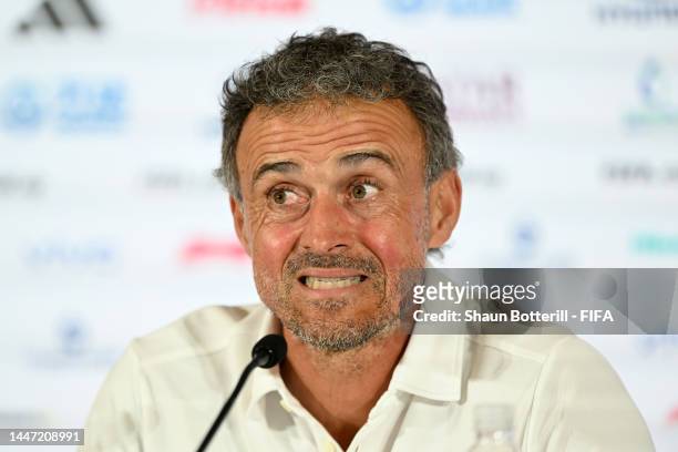Luis Enrique, Head Coach of Spain, attends the post match press conference after the FIFA World Cup Qatar 2022 Round of 16 match between Morocco and...