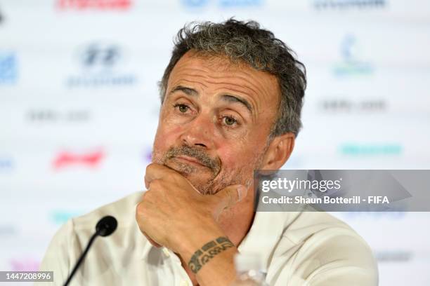 Luis Enrique, Head Coach of Spain, attends the post match press conference after the FIFA World Cup Qatar 2022 Round of 16 match between Morocco and...