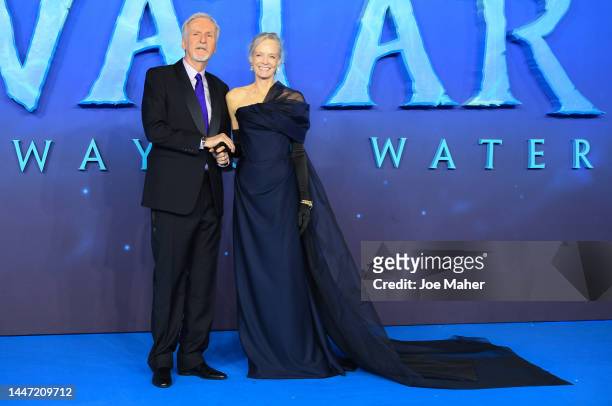 James Cameron and Suzy Amis Cameron attend the "Avatar: The Way of Water" world premiere at the Odeon Luxe Leicester Square on December 06, 2022 in...