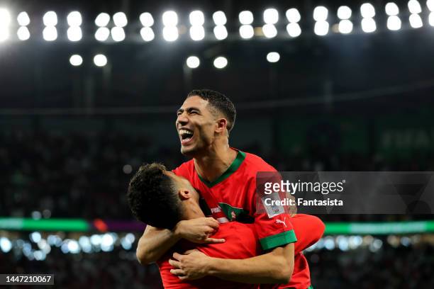 Achraf Hakimi of Morocco celebrates following the penalty shoot out victory in the FIFA World Cup Qatar 2022 Round of 16 match between Morocco and...