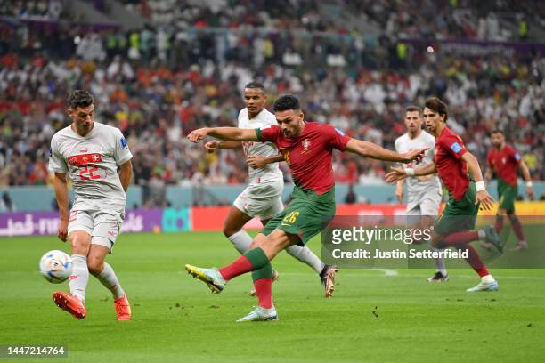 Goncalo Ramos of Portugal scores the team's first goal during the FIFA World Cup Qatar 2022 Round of 16 match between Portugal and Switzerland at...