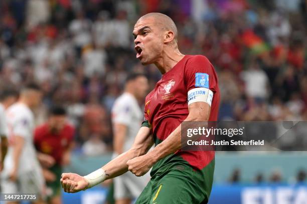 Pepe of Portugal celebrates after scoring the team's second goal during the FIFA World Cup Qatar 2022 Round of 16 match between Portugal and...