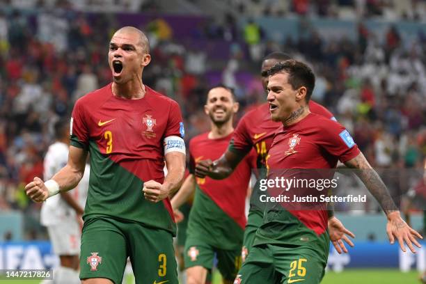 Pepe of Portugal celebrates after scoring the team's second goal during the FIFA World Cup Qatar 2022 Round of 16 match between Portugal and...