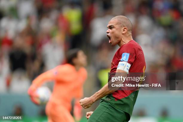 Pepe of Portugal celebrates after scoring the team's second goal during the FIFA World Cup Qatar 2022 Round of 16 match between Portugal and...