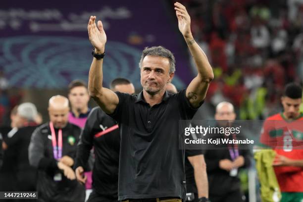 Coach Luis Enrique of Spain disappointed during the FIFA World Cup Qatar 2022 Round of 16 match between Morocco and Spain at Education City Stadium...