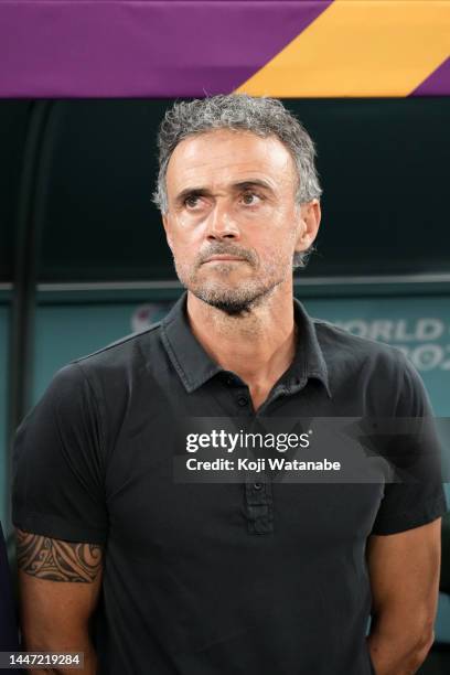 Coach Luis Enrique of Spain looks on during the FIFA World Cup Qatar 2022 Round of 16 match between Morocco and Spain at Education City Stadium on...