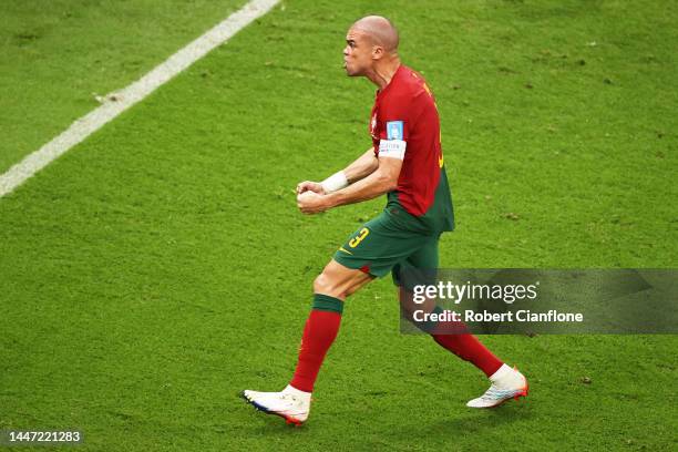 Pepe of Portugal celebrates after scoring the team's second goal during the FIFA World Cup Qatar 2022 Round of 16 match between Portugal and...