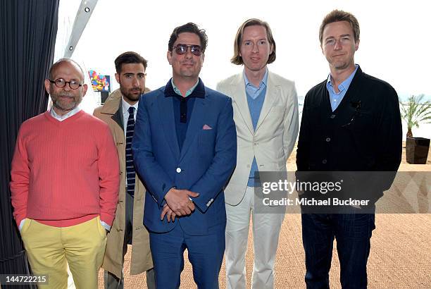 Actors Bob Balaban, Jason Schwartzman, directors Roman Coppola, Wes Anderson and actor Edward Norton pose at Moonrise Kingdom press conference during...